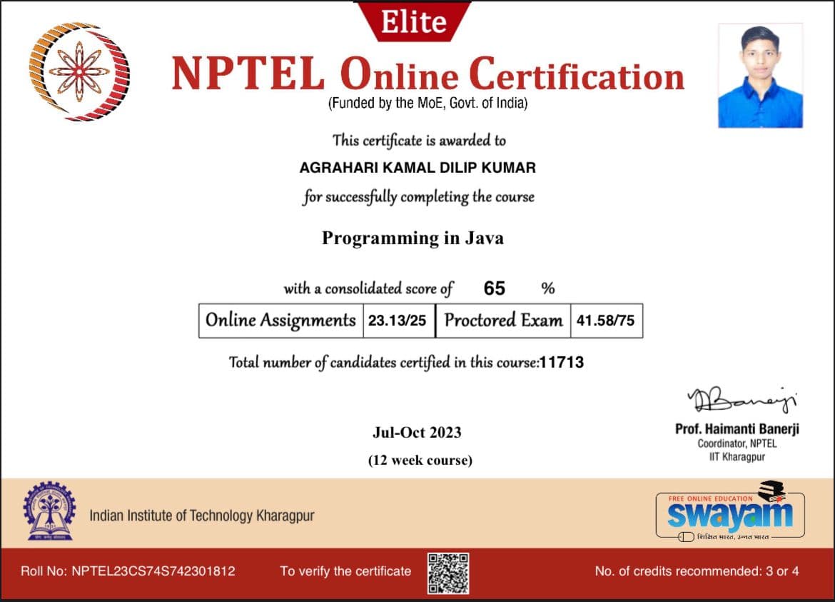 Programming in JAVA certificate
